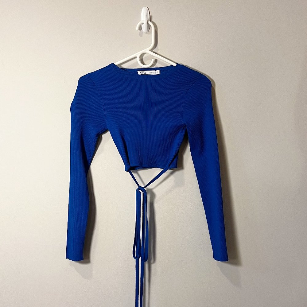 Cobalt/Royal Blue Long Sleeve Zara Crop Top Size Small With Tie
